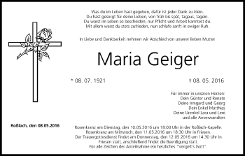 Maria Geiger | Traueranzeige | trauer.inFranken.de