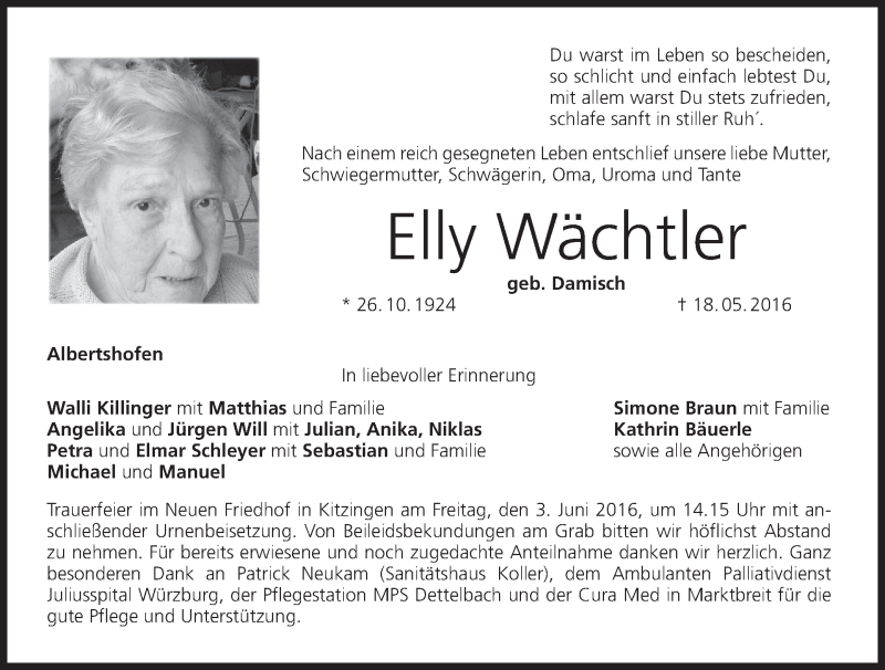 Traueranzeige für Elly Wächtler vom 30.05.2016 aus MGO