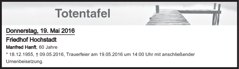 Traueranzeige für Totentafel vom 19.05.2016 vom 19.05.2016 aus MGO
