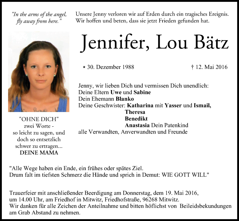  Traueranzeige für Jennifer Lou Bätz vom 18.05.2016 aus MGO