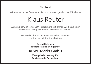 Anzeige von Klaus Reuter von MGO