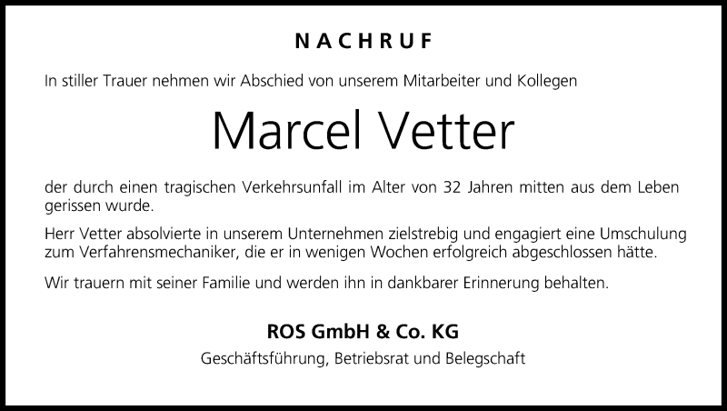  Traueranzeige für Marcel Vetter vom 14.05.2016 aus MGO