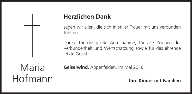  Traueranzeige für Maria Hofmann vom 21.05.2016 aus MGO