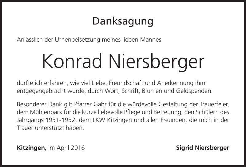  Traueranzeige für Konrad Niersberger vom 07.05.2016 aus MGO