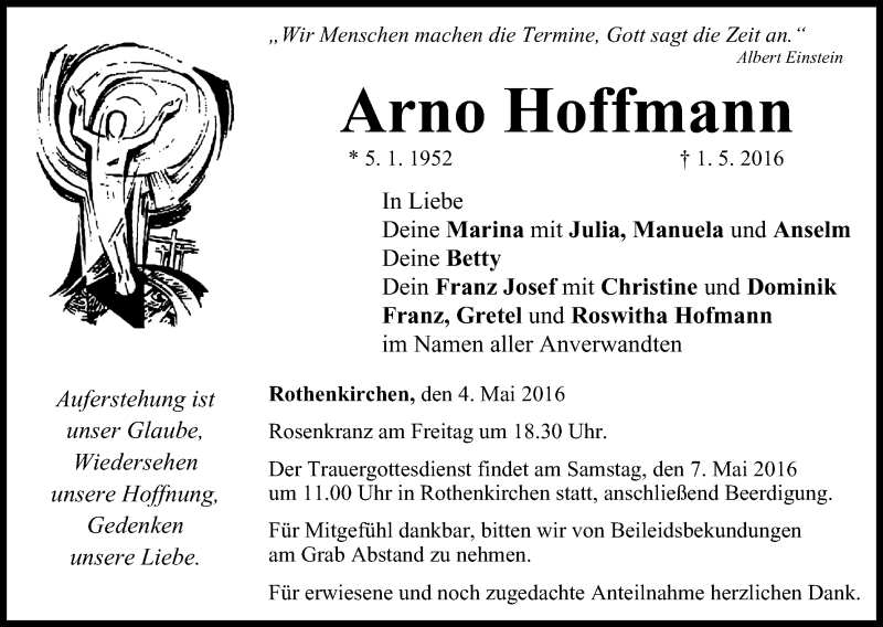  Traueranzeige für Arno Hoffmann vom 04.05.2016 aus MGO