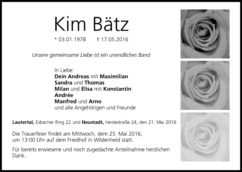  Traueranzeige für Kim Bätz vom 21.05.2016 aus MGO