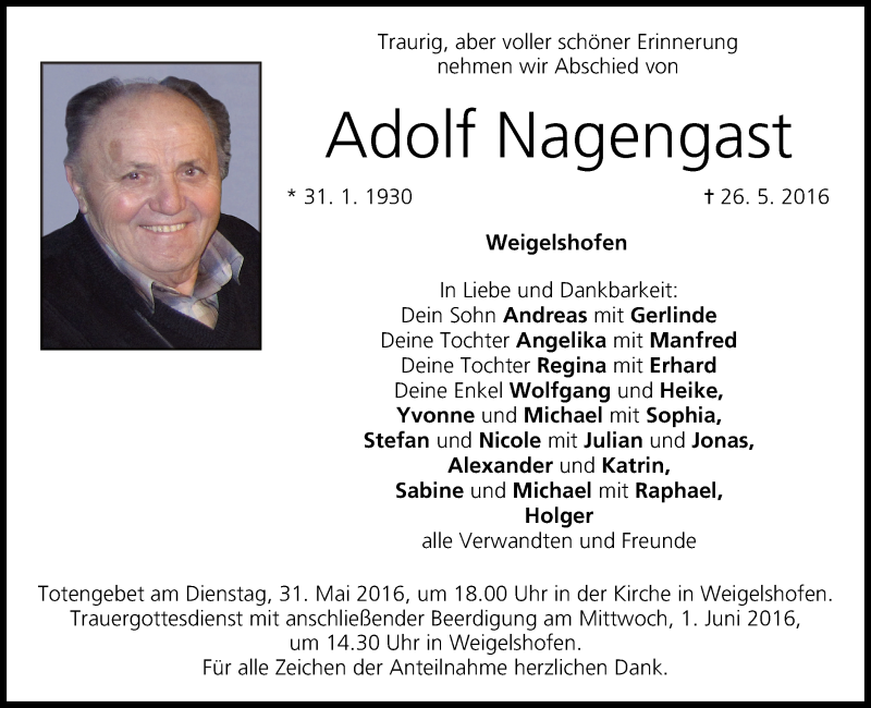 Traueranzeige für Adolf Nagengast vom 28.05.2016 aus MGO