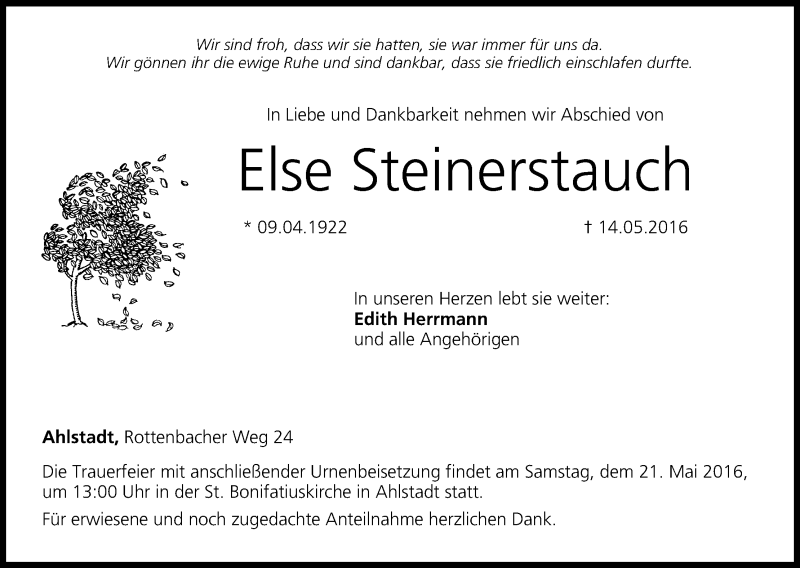  Traueranzeige für Else Steinerstauch vom 18.05.2016 aus MGO