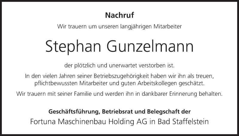  Traueranzeige für Stephan Gunzelmann vom 19.05.2016 aus MGO