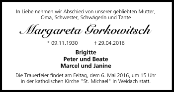 Anzeige von Margareta Gorkowitsch von MGO