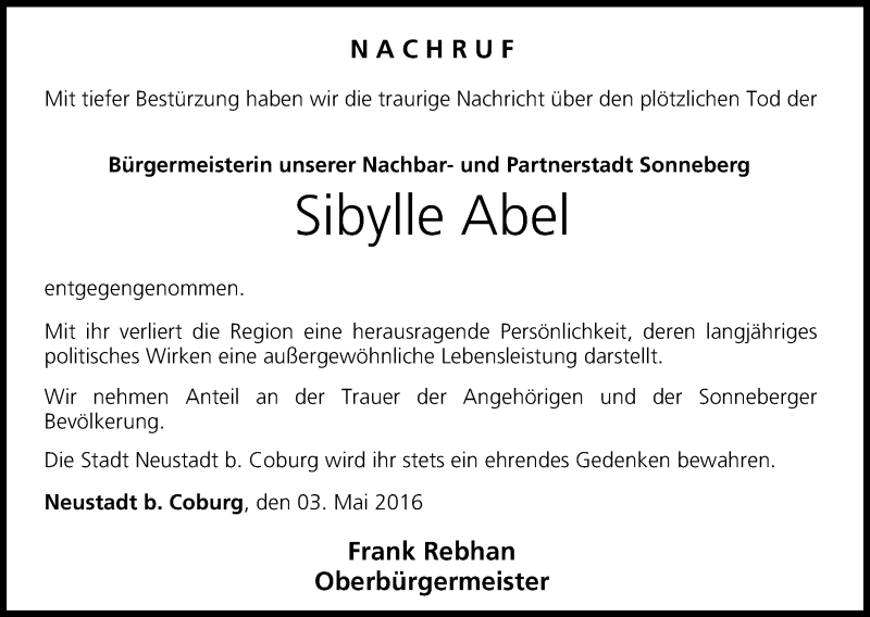  Traueranzeige für Sibylle Abel vom 03.05.2016 aus MGO