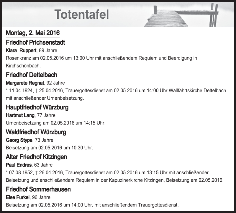  Traueranzeige für Totentafel vom 02.05.2016 vom 02.05.2016 aus MGO