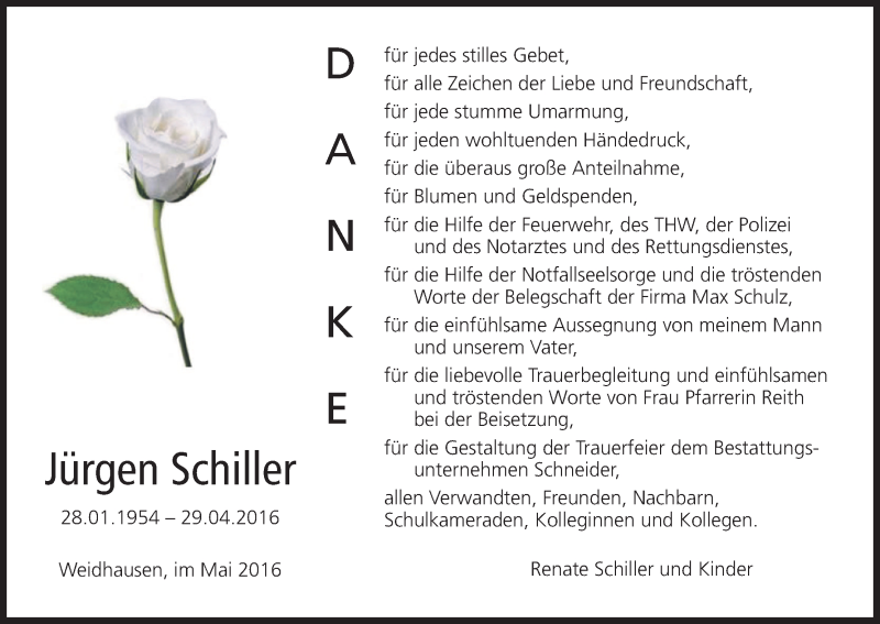  Traueranzeige für Jürgen Schiller vom 14.05.2016 aus MGO
