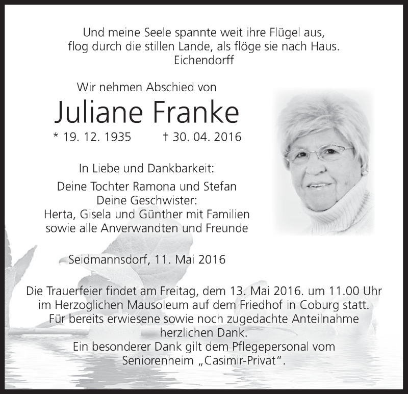  Traueranzeige für Juliane Franke vom 11.05.2016 aus MGO