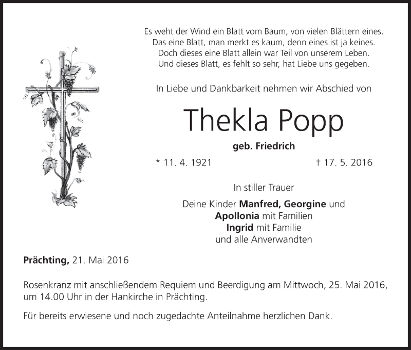  Traueranzeige für Thekla Popp vom 21.05.2016 aus MGO
