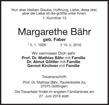 Anzeige von Margarethe Bähr von MGO