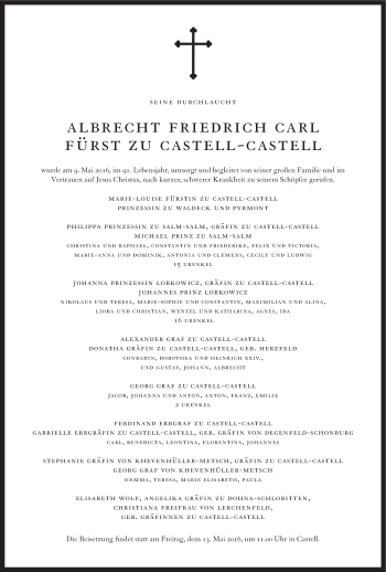 Anzeige von Albrecht Friedrich Carl Fürst zu Castell-Castell von MGO