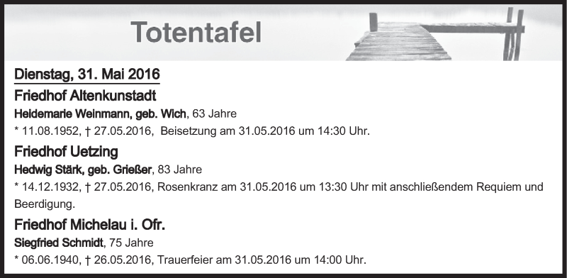  Traueranzeige für Totentafel vom 31.05.2016 vom 31.05.2016 aus MGO