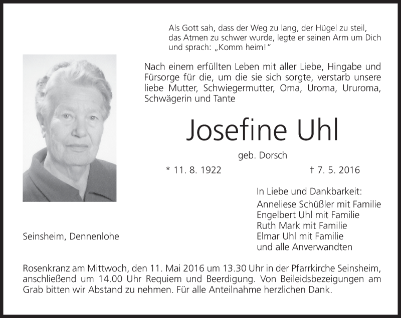  Traueranzeige für Josefine Uhl vom 10.05.2016 aus MGO
