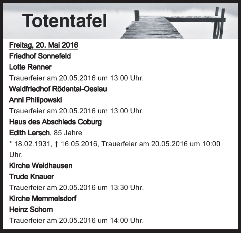  Traueranzeige für Totentafel vom 20.05.2016 vom 20.05.2016 aus MGO