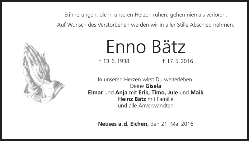  Traueranzeige für Enno Bätz vom 21.05.2016 aus MGO