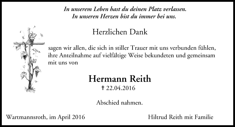  Traueranzeige für Hermann Reith vom 07.05.2016 aus MGO