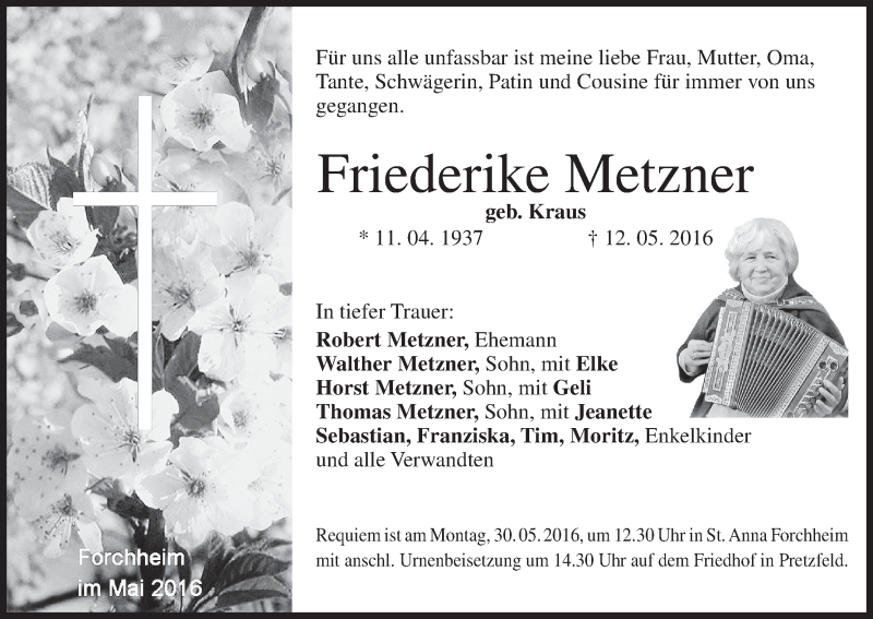  Traueranzeige für Friederike Metzner vom 26.05.2016 aus MGO