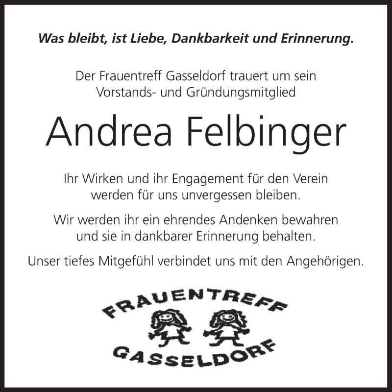  Traueranzeige für Andrea Felbinger vom 23.05.2016 aus MGO