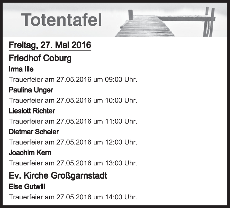  Traueranzeige für Totentafel vom 27.05.2016 vom 26.05.2016 aus MGO