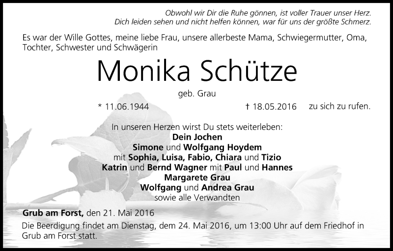  Traueranzeige für Monika Schütze vom 21.05.2016 aus MGO
