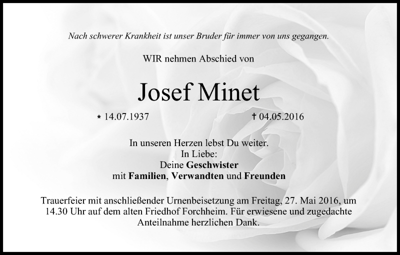  Traueranzeige für Josef Minet vom 24.05.2016 aus MGO