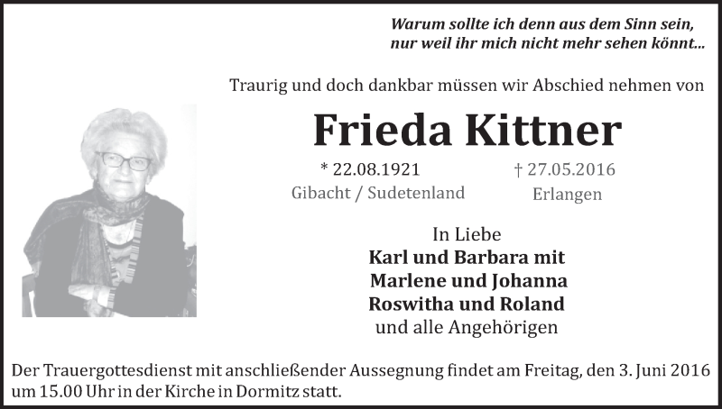  Traueranzeige für Frieda Kittner vom 31.05.2016 aus MGO