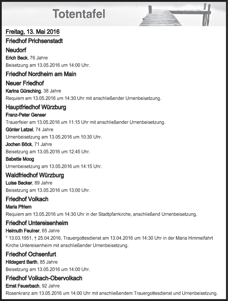  Traueranzeige für Totentafel vom 13.05.2016 vom 13.05.2016 aus MGO