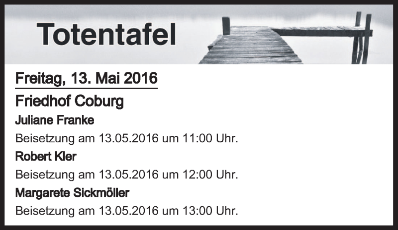  Traueranzeige für Totentafel vom 13.05.2016 vom 13.05.2016 aus MGO