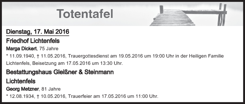  Traueranzeige für Totentafel vom 17.05.2016 vom 17.05.2016 aus MGO
