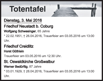 Anzeige von Totentafel vom 03.05.2016 von MGO