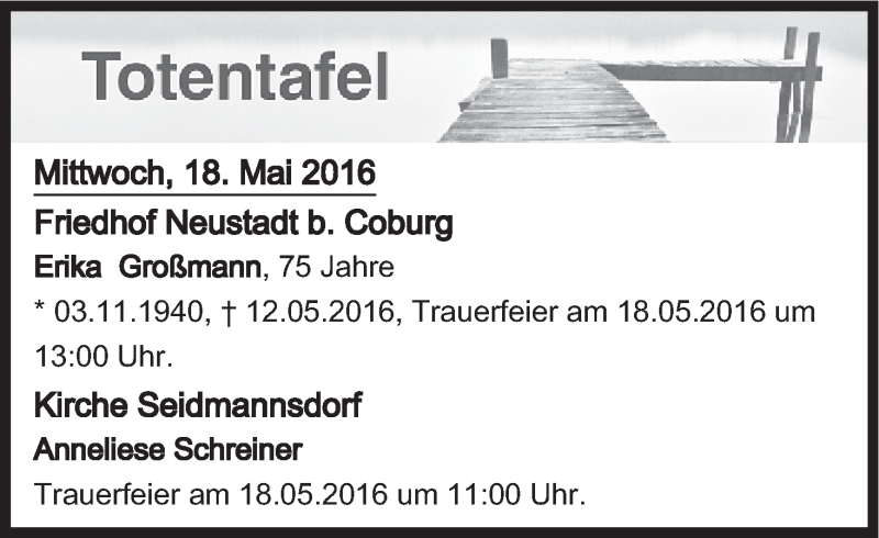  Traueranzeige für Totentafel vom 18.05.2016 vom 18.05.2016 aus MGO