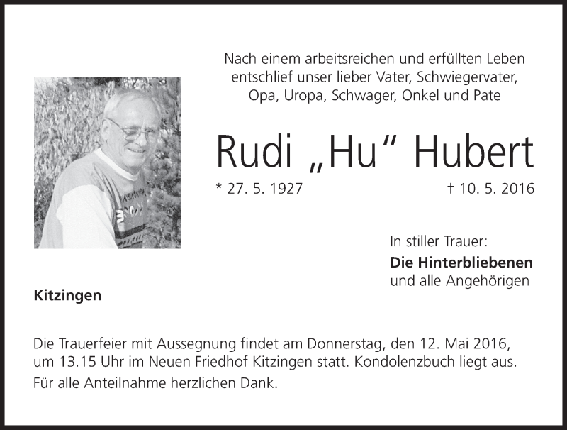  Traueranzeige für Rudi Hubert vom 11.05.2016 aus MGO