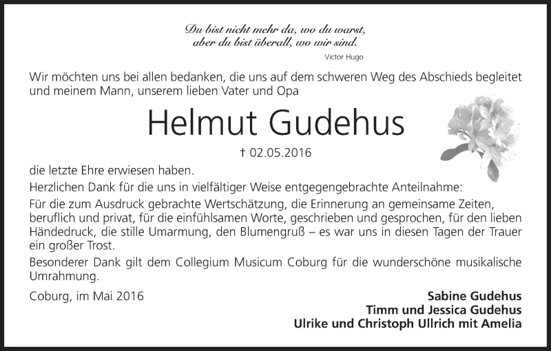  Traueranzeige für Helmut Gudehus vom 28.05.2016 aus MGO