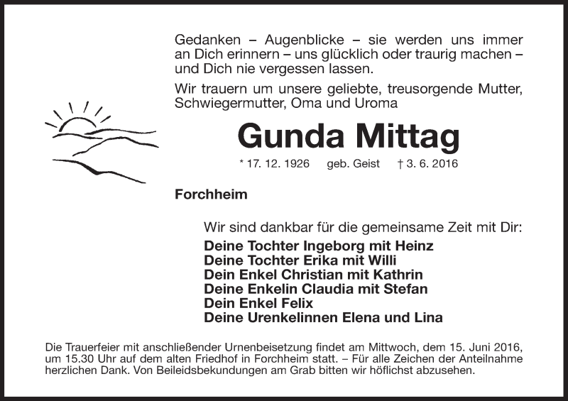  Traueranzeige für Gunda Mittag vom 11.06.2016 aus MGO