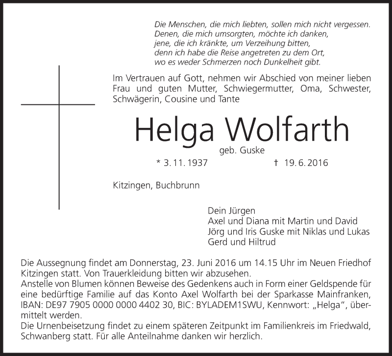  Traueranzeige für Helga Wolfarth vom 21.06.2016 aus MGO