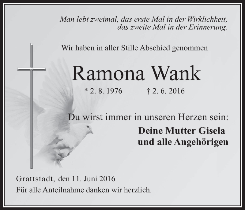  Traueranzeige für Ramona Wank vom 11.06.2016 aus MGO