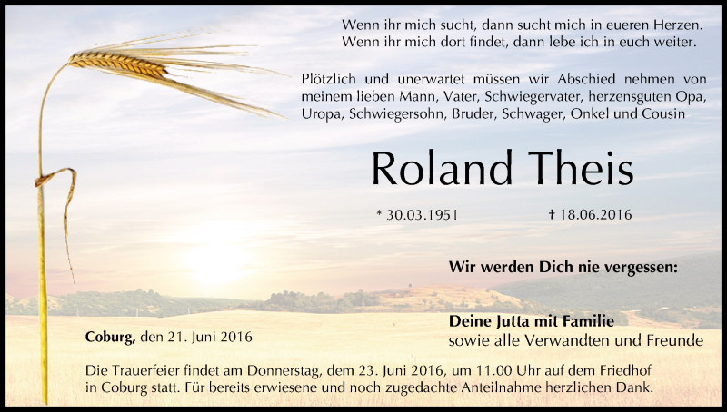  Traueranzeige für Roland Theis vom 21.06.2016 aus MGO