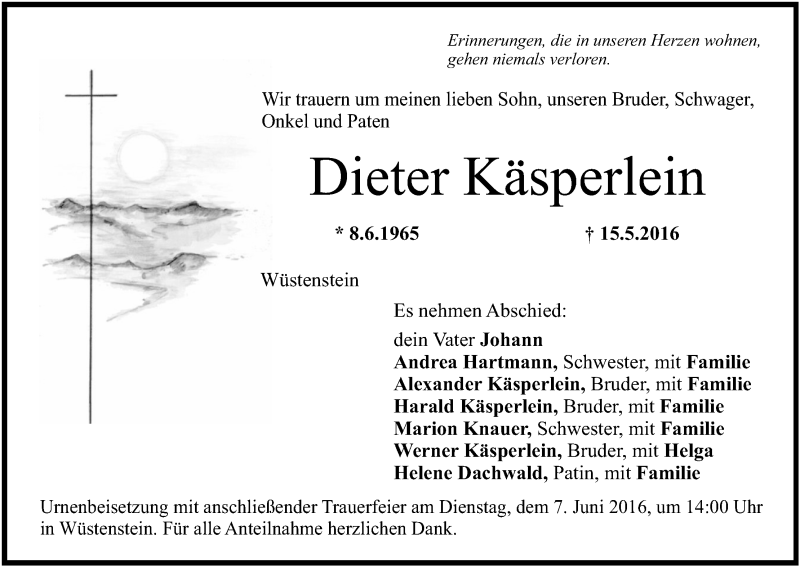  Traueranzeige für Dieter Käsperlein vom 04.06.2016 aus MGO