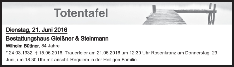  Traueranzeige für Totentafel vom 21.06.2016 vom 21.06.2016 aus MGO