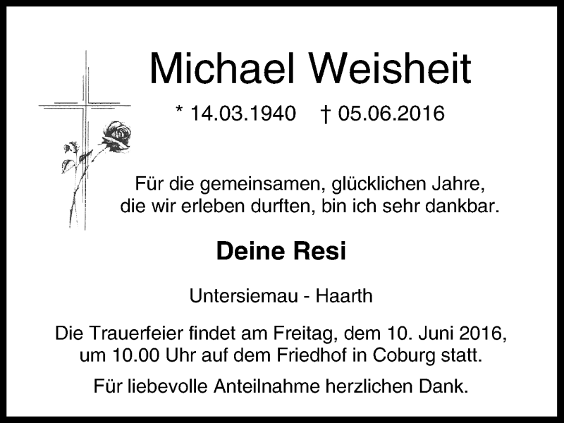  Traueranzeige für Michael Weisheit vom 08.06.2016 aus MGO