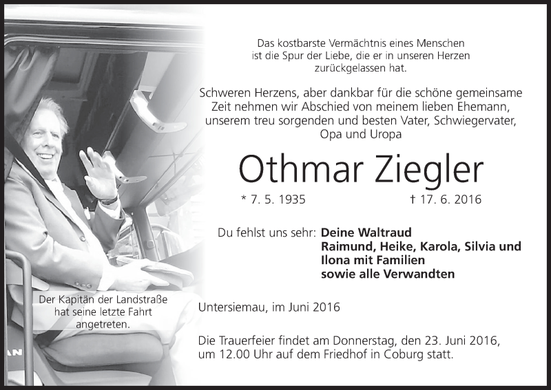  Traueranzeige für Othmar Ziegler vom 21.06.2016 aus MGO
