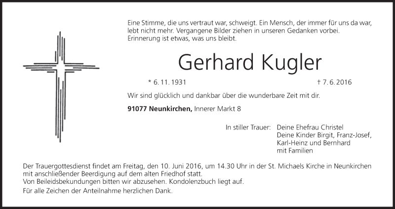  Traueranzeige für Gerhard Kugler vom 09.06.2016 aus MGO