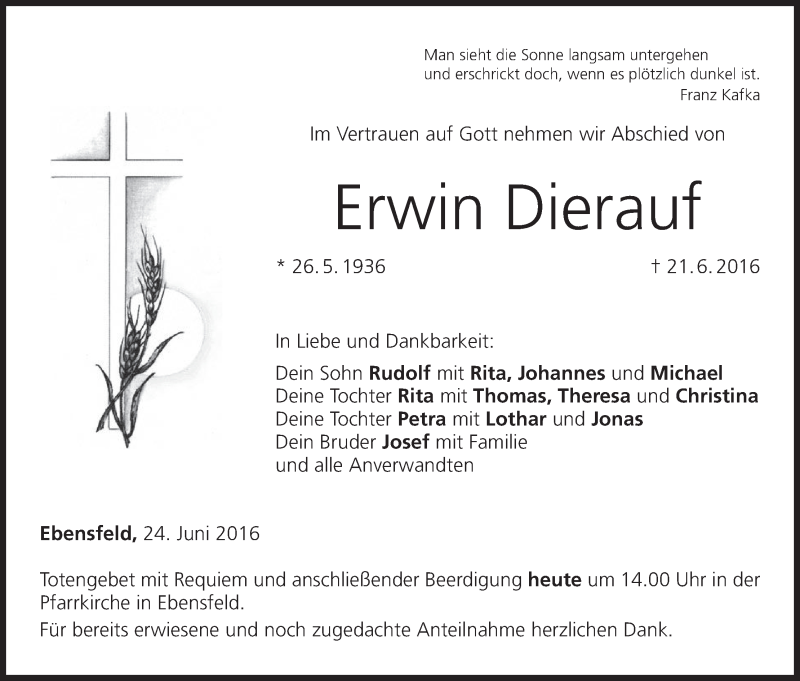  Traueranzeige für Erwin Dierauf vom 24.06.2016 aus MGO