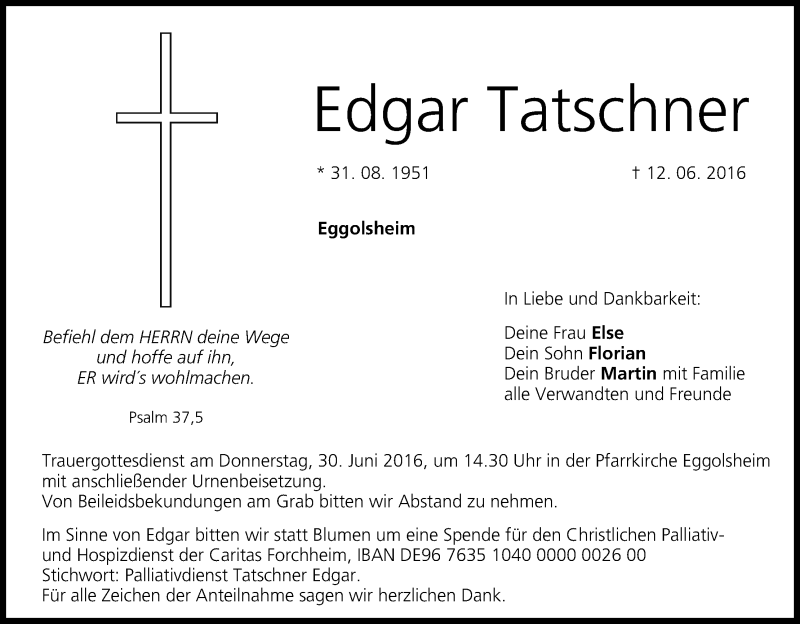  Traueranzeige für Edgar Tatschner vom 25.06.2016 aus MGO
